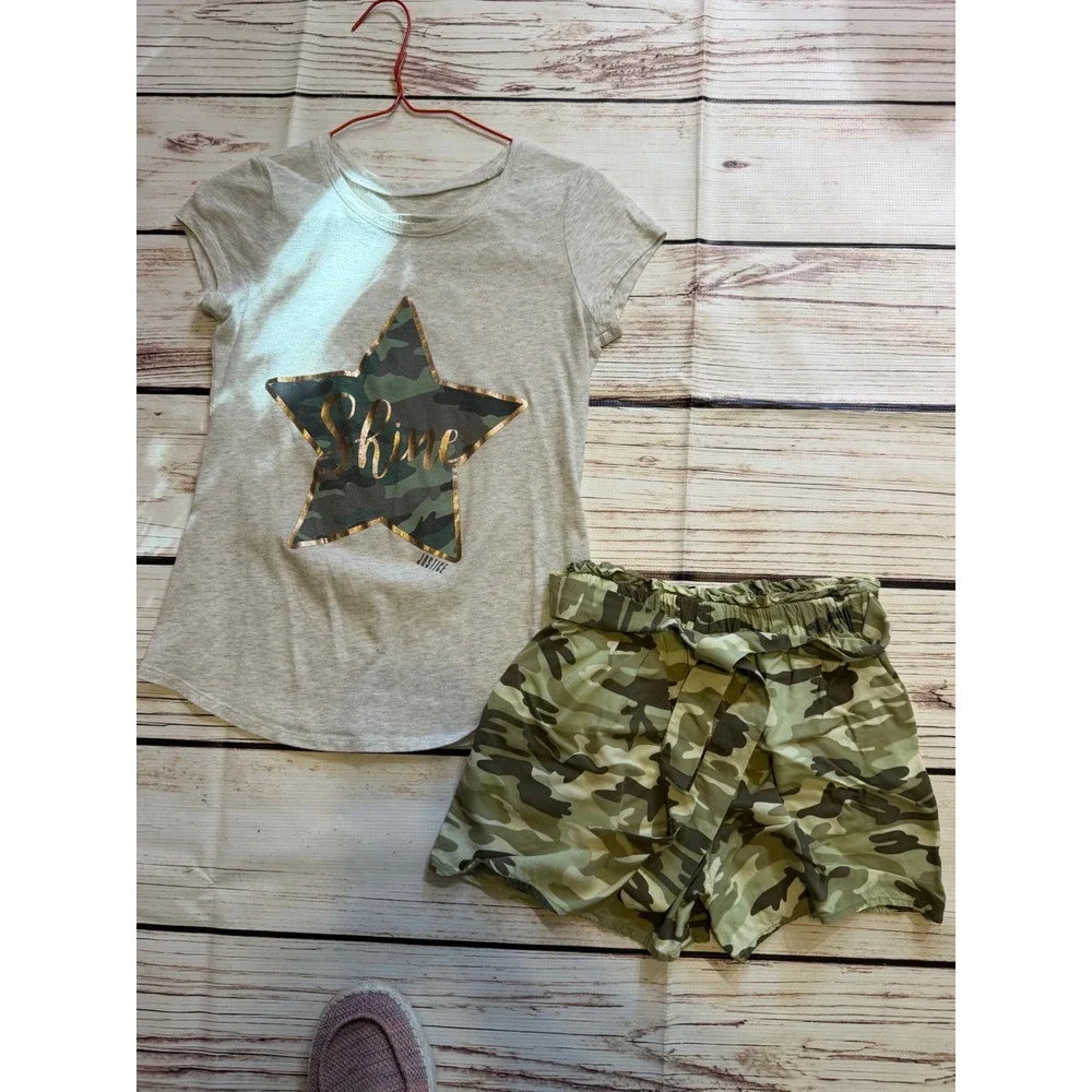Justice Girls Grey Shine Star Graphic Tee and Camo Paperbag Shorts Set Size 10